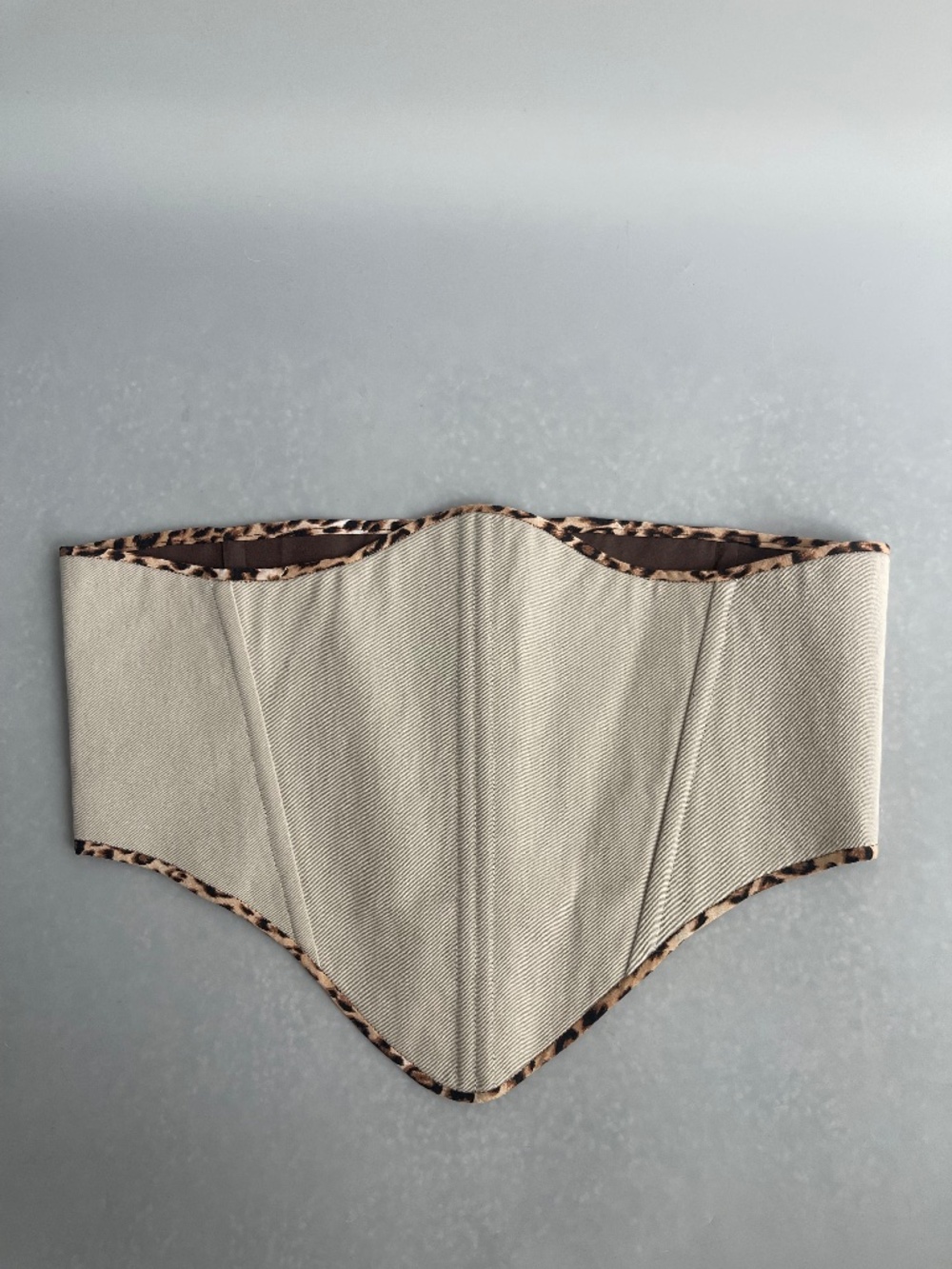 Beige Denim Underbust Corset Top Leopard Trim XL Lace Up